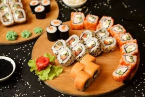 Mix sushi rolls with ginger wasabi